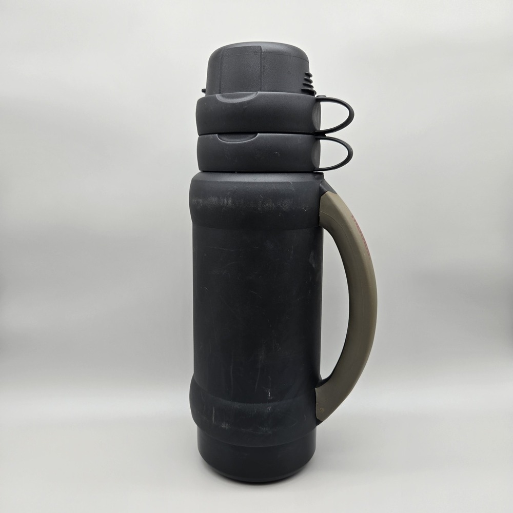 Vintage Thermos 1L Add-A-Cup Vacuum Bottle Black with Stash Top Stopper & 2 Cups